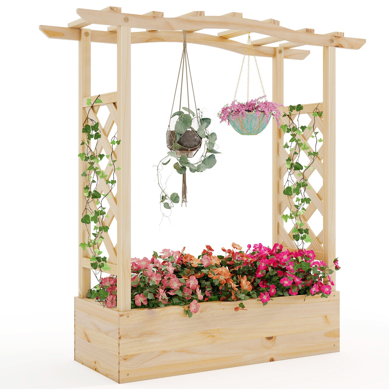 Natural Pine Wood Raised Garden Bed with Trellis and Hanging Roof 44x14x45